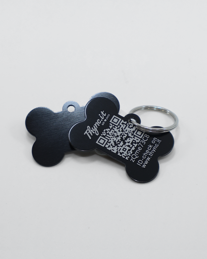 Hundemarke Knochenform Aluminium Schwarz – QR-Code Tier-ID mit Online-Profil