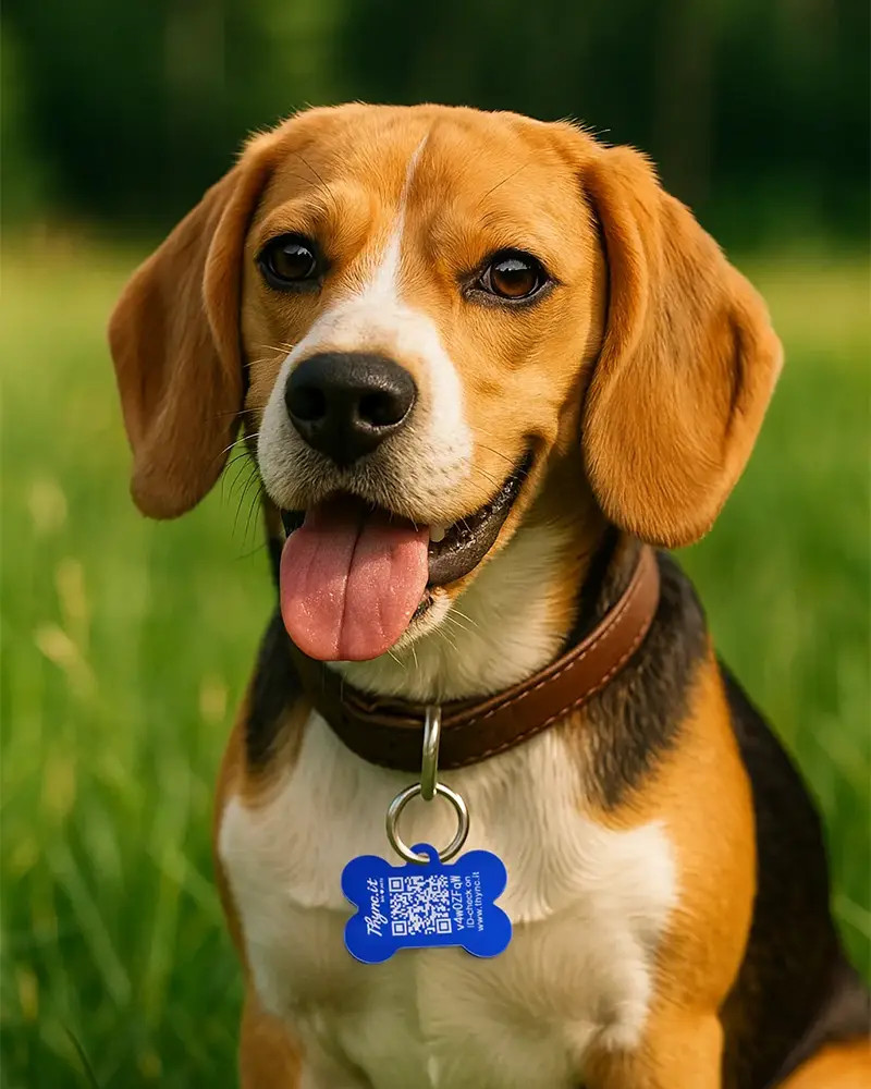 Hondenpenning botvorm aluminium Blauw – QR-code dier-ID met online profiel