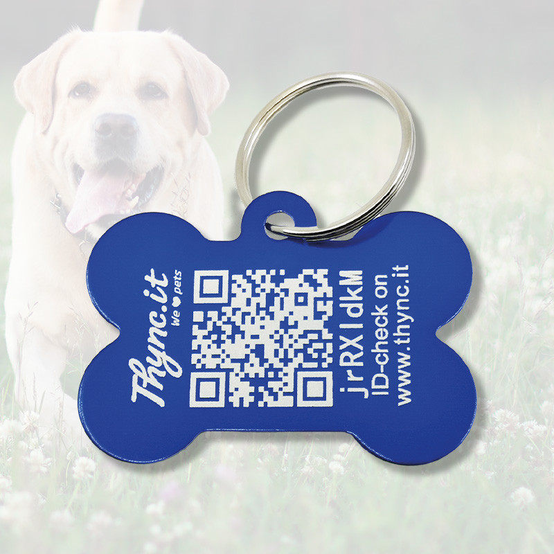 Hondenpenning botvorm aluminium Blauw – QR-code dier-ID met online profiel