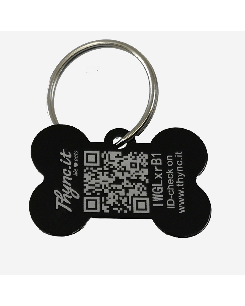 Hundemarke Knochenform Aluminium Schwarz – QR-Code Tier-ID mit Online-Profil