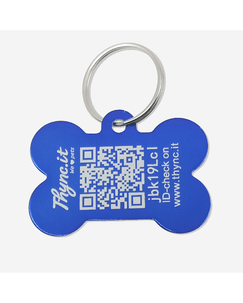 Hondenpenning botvorm aluminium Blauw – QR-code dier-ID met online profiel