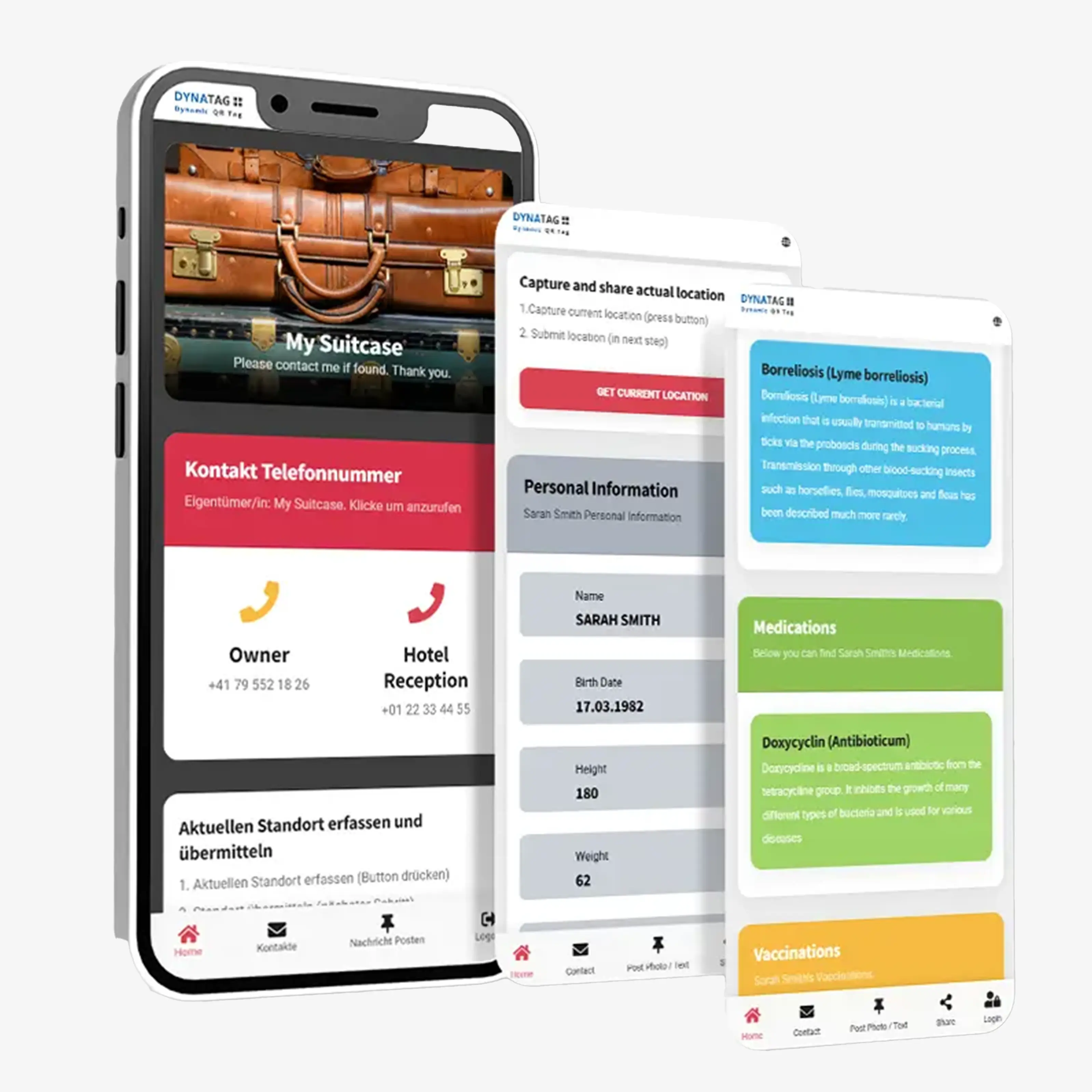 Digitale Gepäckansicht mit Kontaktdaten, Standortoption und Nachrichten