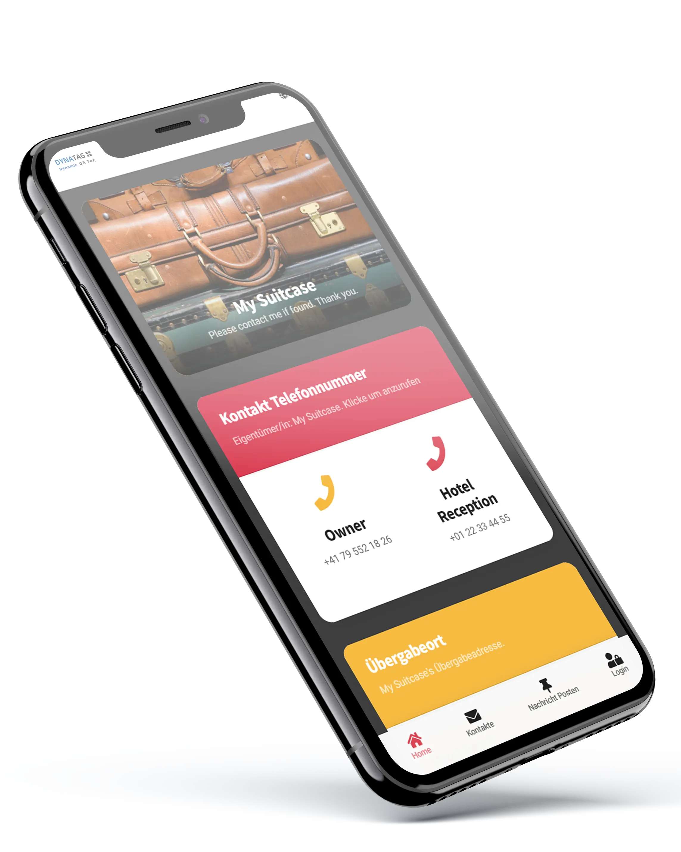 DynaTag WebApp für den Gepäckanhänger mit QR-Code und NFC