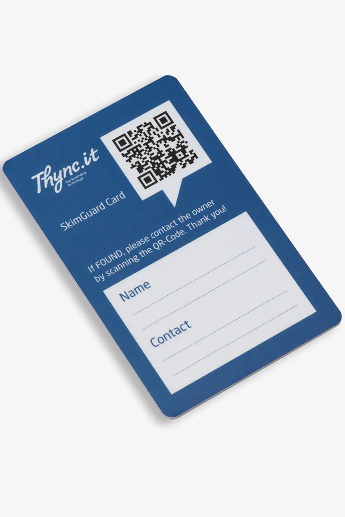 Rückseite der SkimGuard SOS-Karte mit QR-Code und Beschriftungsfeld
