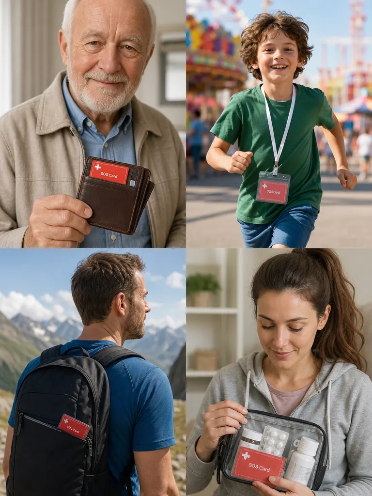 SOS emergency card for older people, travellers, sportspeople, children and people with medical conditions